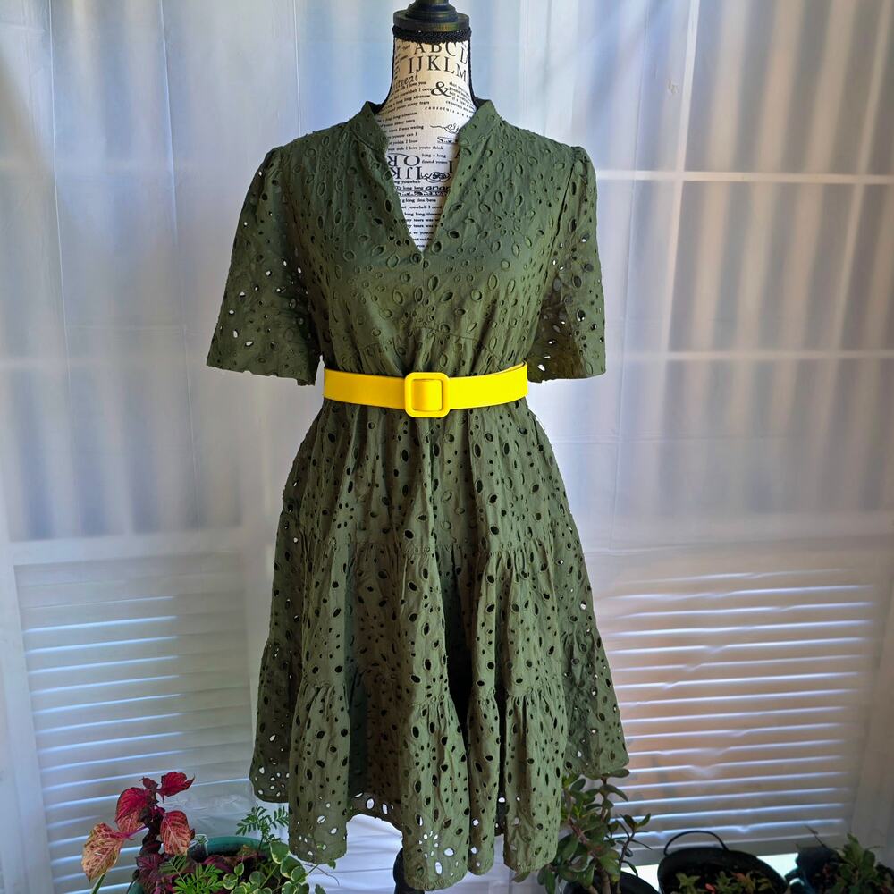 BTFBM Boho Eyelet Lace Tiered Mini Dress - Army Green Large- EUC